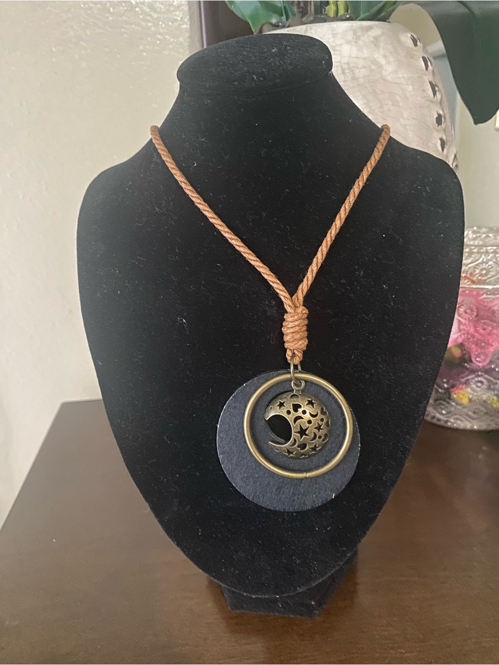 Moon & Star Bronze Pendant Necklace in Brown